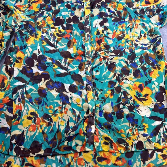 Kut From The Kloth Blouse Black Blue Mixed Floral Top Button Front Sheer Large - Picture 2 of 6
